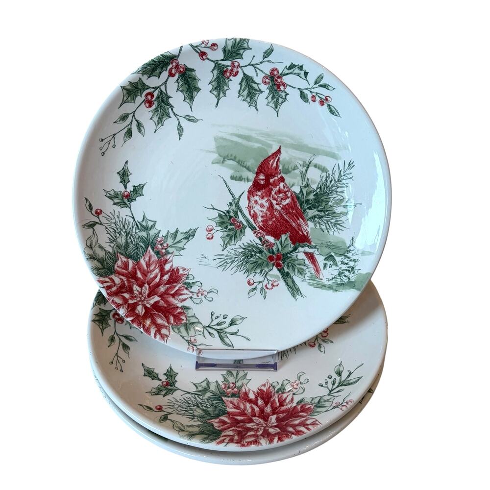 3pc Maxcera Cardinal Salad Plates 9in Ceramic Christmas Holiday Holly Berry New